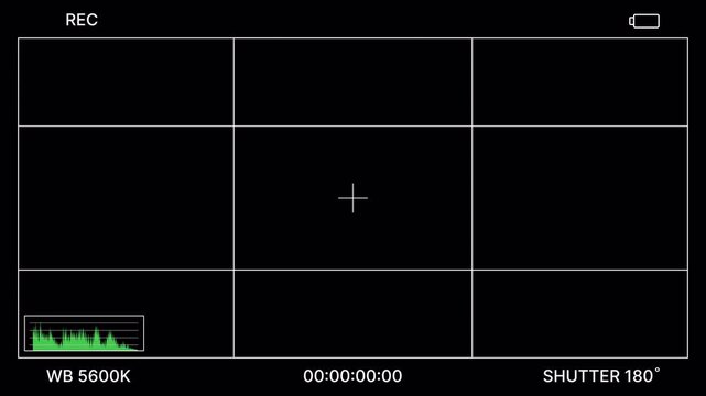 Minimal camera grid overlay with REC indicator, viewfinder crosshair, audio levels, HUD elements for editing. cinematic viewfinder grid minimal style with rec indicator and camera screen overlay. 4K