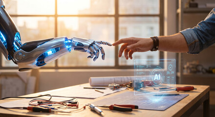 Obraz premium human and robotic hand