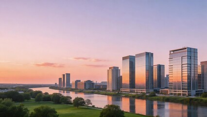 Obraz premium Modern city skyline by river at sunset