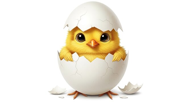 Cute yellow chick hatching from egg, newborn baby chicken emerging