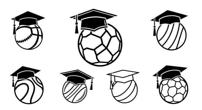 Group of volleyballs wearing graduation caps celebrating education and sport in a playful arrangement.