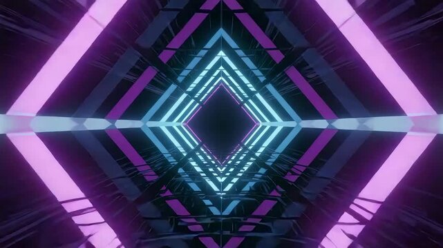 Futuristic Neon Tunnel with Symmetrical Geometric Glow in Purple and Blue, Sci-Fi Abstract Background