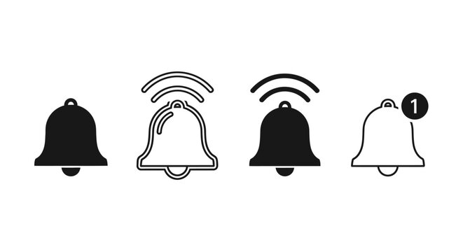 Collection of ringing bell icons in black and white, representing digital notifications, timely alerts, and important alarm reminders for user interfaces and applications