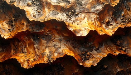 Obraz premium Aerial view of a rough, cracked surface. Warm, earthy tones dominate. Small particles dot the surface