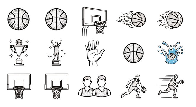 Collection of basketball themed icons including players, hoops, and trophies.
