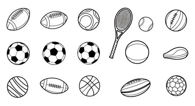 Assorted sports balls and racquets scattered across a white surface in a varied display.
