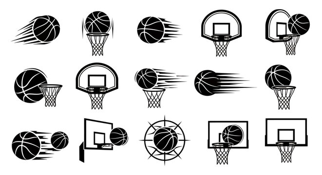 Collection of basketballs and hoops in various shooting patterns.