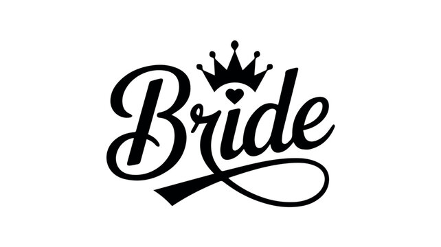 A elegant black calligraphic design featuring the word "Bride" adorned with a decorative crown and a small heart, isolated on a white background.