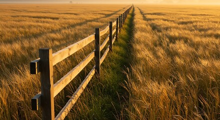 Obraz premium Golden Sunrise Field Path with Wooden Fence
