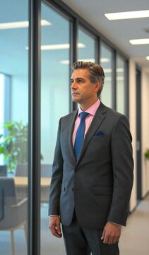 Middle Aged Man Standing In Office Environment With Large Glass Windows Allow Natural Light To Illuminate Space Professionally Dressed Wearing Dark Gray Suit