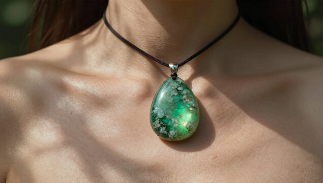 Luminous Moldavite Pendant with Soft Leaf Shadows