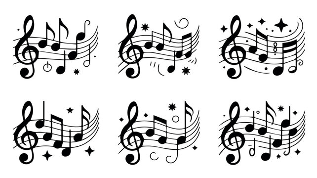 A collection of six black and white musical scores featuring various arrangements of notes, clefs, and staff lines, embellished with decorative elements.