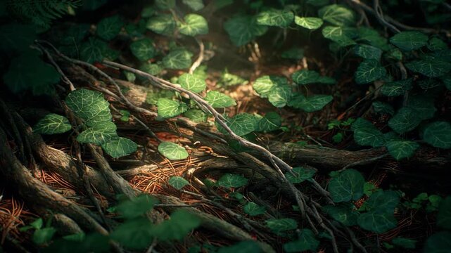 Close up of forest floor with green ivy leaves and twisted tree roots in natural light