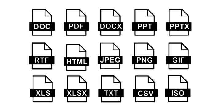 3D file format icons collection on dark grid background for digital document types and software