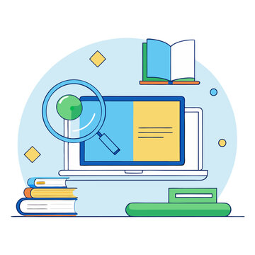 modern flat vector illustration of an online learn.  Online Research Concept with Laptop Books and Magnifying Glass Illustration