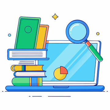 modern flat vector illustration of an online learn.  Online Research Concept with Laptop Books and Magnifying Glass Illustration