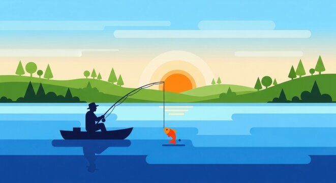 Serene Sunset Fishing Scene with Fisherman on Tranquil Lake