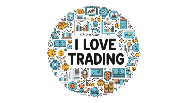 I love trading text surrounded by a large circular collection of finance and stock market icons on a white background design.