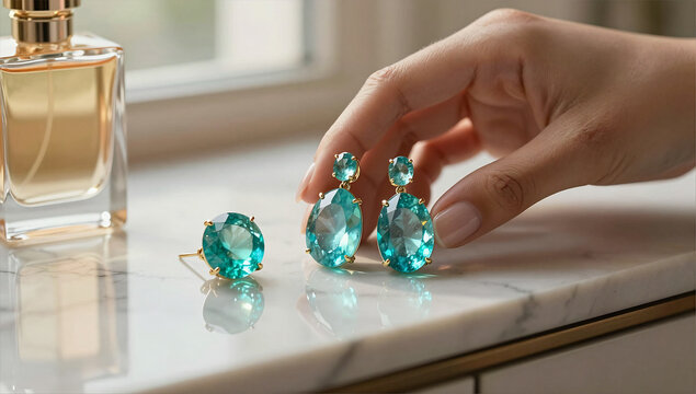 Sophisticated Vanity Scene with Luxury Paraiba Earrings