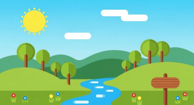 Bright and Cheerful Landscape with River and Green Hills