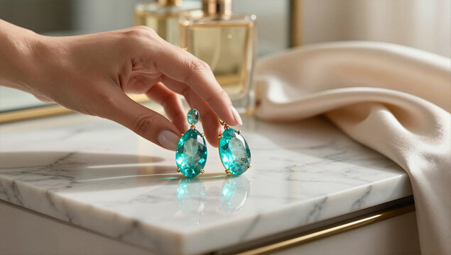 Sophisticated Vanity Scene with Luxury Paraiba Earrings