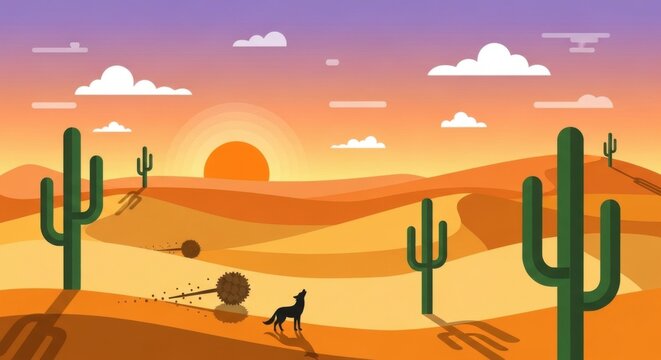 Sunset Desert Landscape with Cactus and Animal Silhouette