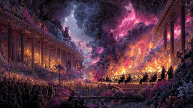 A colossal coliseum-like arena hosts a surreal concert where two musical realms collide: on one side, a metal-influenced ensemble clad in dark armor rips thunderous riffs under strobe-like flashes; o