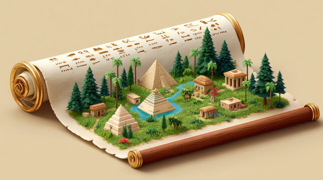 Papyrus scroll showing a simplified map of ancient Egypt with symbols for temples, pyramids, and villages