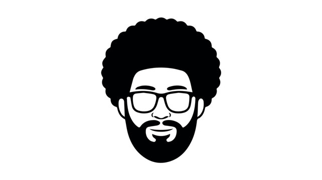 A stylish man's headshot featuring a distinctive afro hairstyle, a full beard, and modern eyeglasses, presented in a black and white illustration.