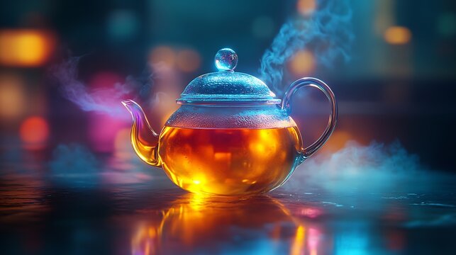 Gleaming glass teapot steaming with infused herbal liquid under neon ambiance