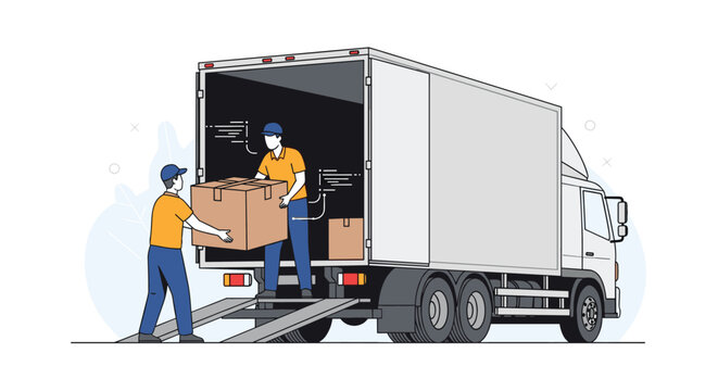 Professional movers in uniforms loading a large cardboard box into the back of a delivery truck via a metal ramp in the city.