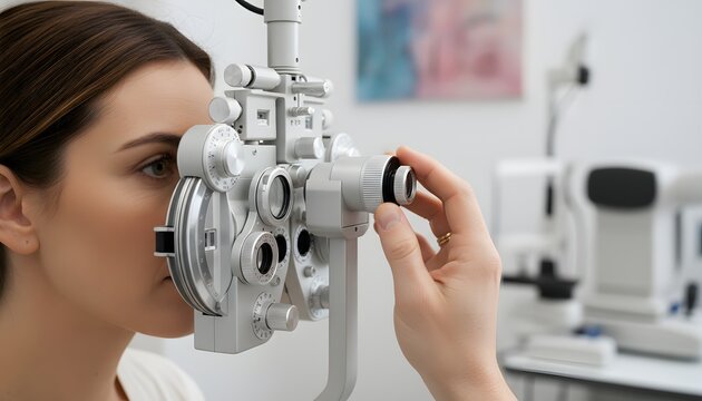 Young person getting their eyes checked by an optometrist using a phoropter in a modern medical clinic for an eyesight health and vision correction concept
