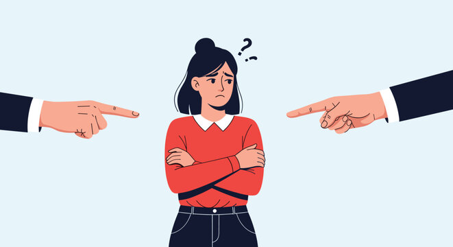 Sad and confused young woman standing as multiple hands from both sides point accusingly at her in a conceptual illustration.