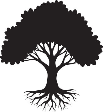 Tree silhouette, black tree icon, root system, landscape element, vector graphic