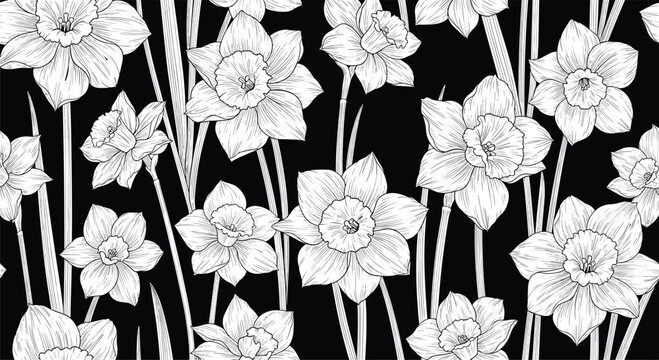 Artistic seamless pattern features detailed hand drawn white narcissus flowers with stems on a solid black background for contrast.