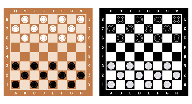 Two checkers game boards in different color styles with initial piece setup. Clean vector featuring classic 8x8 grid and black and white pieces. Ideal for board games or strategy concepts.