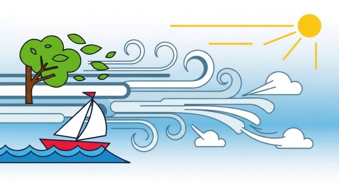 Colorful Illustrated Landscape with Boat, Tree, and Sunlight