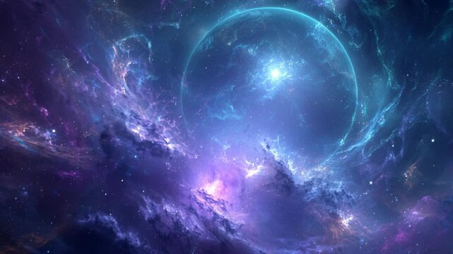 An abstract blue nebula galaxy background featuring bright stars and a dark cosmic universe with glowing light across the outer space sky