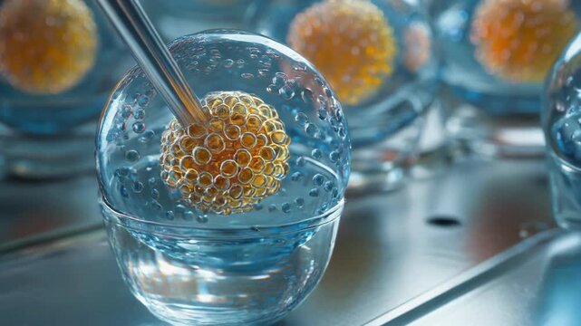 Close up of scientific cell manipulation and injection process in medical research laboratory