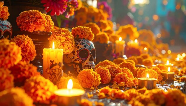 Vibrant Marigold Flowers and Candles Illuminate a Day of the Dead Altar.