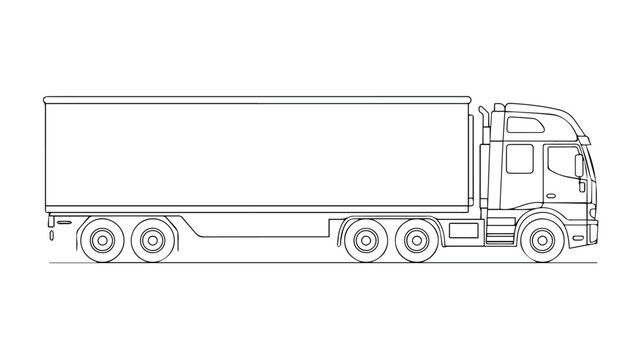 A detailed line drawing of a large articulated lorry (semi-trailer truck) with a long trailer, shown in profile against a white background.