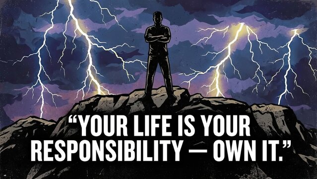 Silhouette Man Standing on Rocky Peak Amidst Lightning Storm With Quote About Life Responsibility