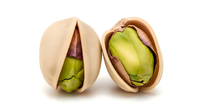 Close-up view of two shelled pistachios revealing their green inner kernels
