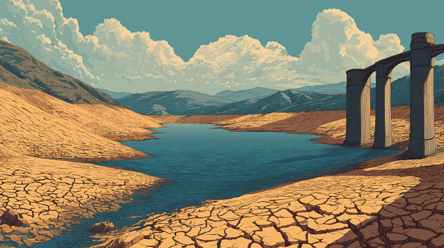 drought impact on water supply minimal vector illustration, shrinking reservoir with dry cracked earth and dead trees, environmental crisis and climate change concept in flat design style