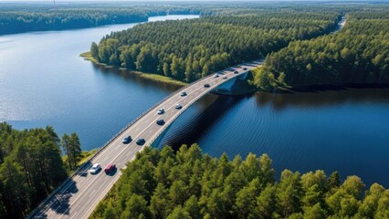 Fototapeta premium Aerial view of a busy highway bridge over a serene lake surrounded by lush green forests