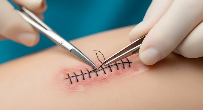 Suture Removal Procedure Close Up &ndash; Doctor Removing Stitches from Healing Surgical Wound