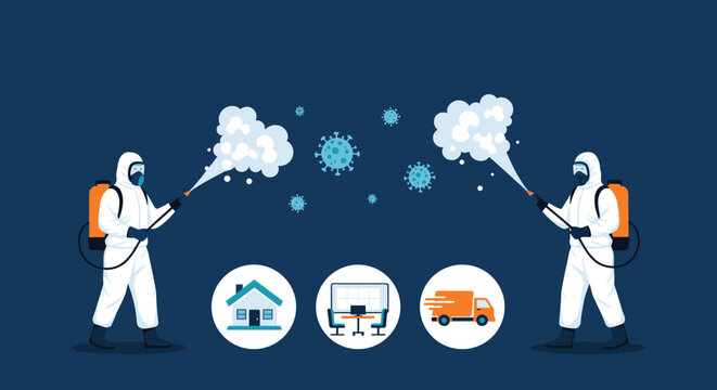 Professional team in protective hazmat suits disinfects residential and commercial spaces to prevent the spread of virus and ensure public safety.