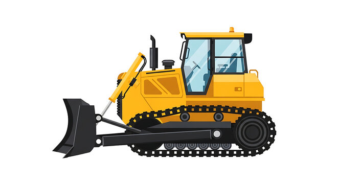 A yellow bulldozer with a black blade and tracks PNG isolated on transparent background