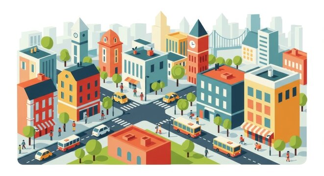 Colorful Cityscape with Buildings, Streets, and People in Urban Setting
