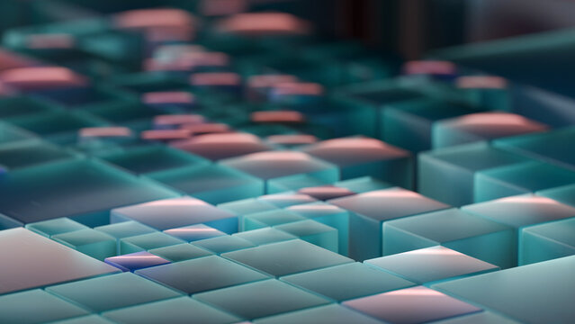 Colorful dispersion of translucent cubes in mix size (3D Rendering) 